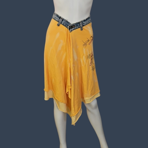 MOCHA by Moran Dahan Distressed Denim Waistband Yellow Assymetric Festival Skirt - Picture 1 of 11